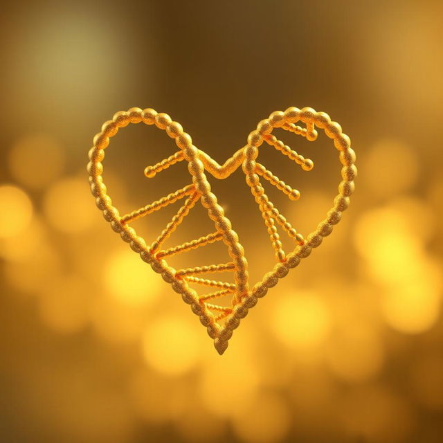 A stunning visual of a heart shape formed by an intricate gold DNA strand