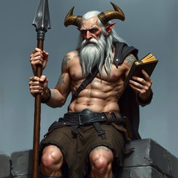 An old, tall warlock with cadaveric skin, shirtless, showcasing a muscular build with scars and tattoos