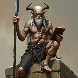 An old, tall warlock with cadaveric skin, shirtless, showcasing a muscular build with scars and tattoos