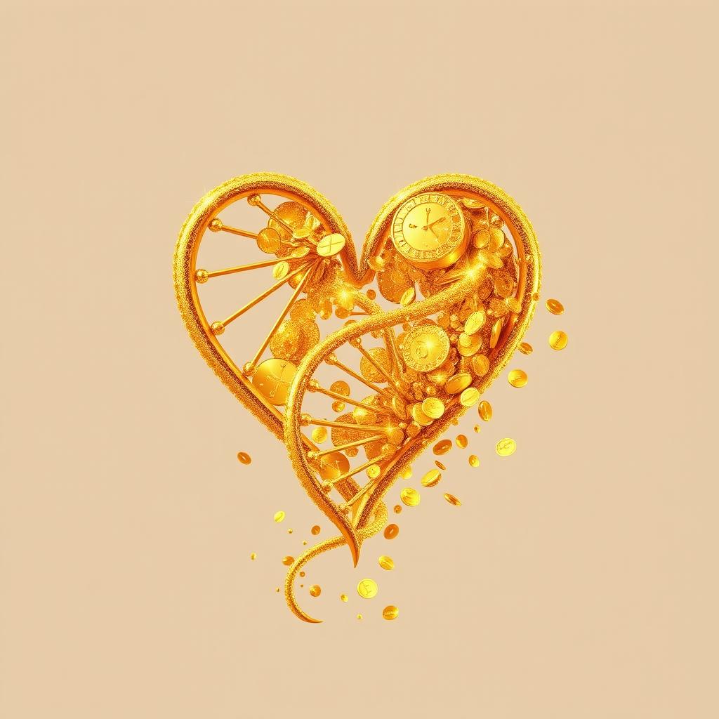 An elaborate design featuring a gold DNA strand intertwined with a heart shape, where the strands of DNA elegantly loop into the form of a heart