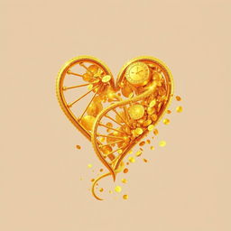An elaborate design featuring a gold DNA strand intertwined with a heart shape, where the strands of DNA elegantly loop into the form of a heart