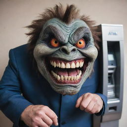 A grotesque monster with menacing features and jagged teeth, ravenously devouring an Automated Teller Machine (ATM) in an unmistakably aggressive gesture, symbolically reflecting on the monster that is hyper-consumerism.