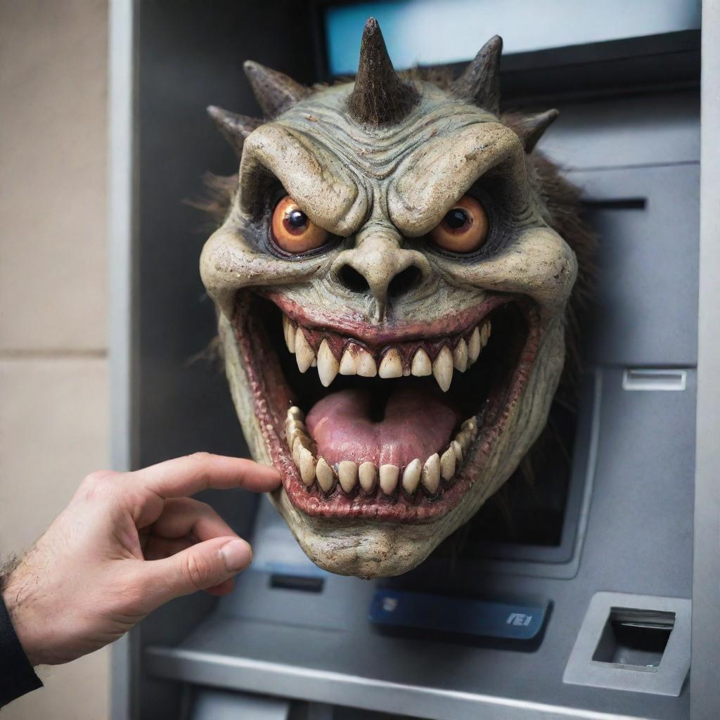 A grotesque monster with menacing features and jagged teeth, ravenously devouring an Automated Teller Machine (ATM) in an unmistakably aggressive gesture, symbolically reflecting on the monster that is hyper-consumerism.