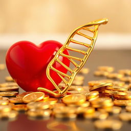 An artistic composition featuring a golden DNA strand elegantly positioned next to a vibrant red heart