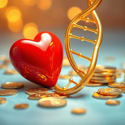 An artistic composition featuring a golden DNA strand elegantly positioned next to a vibrant red heart