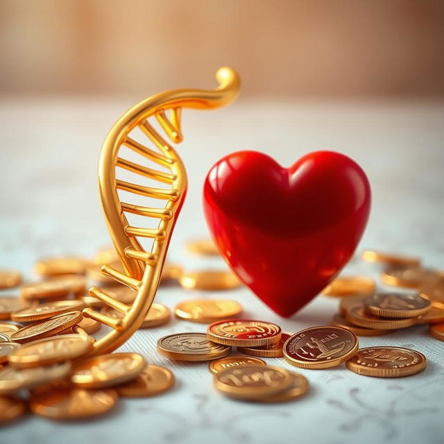 An artistic composition featuring a golden DNA strand elegantly positioned next to a vibrant red heart