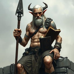 An old, tall warlock with cadaveric skin, shirtless and muscular, revealing many scars and tattoos on his body