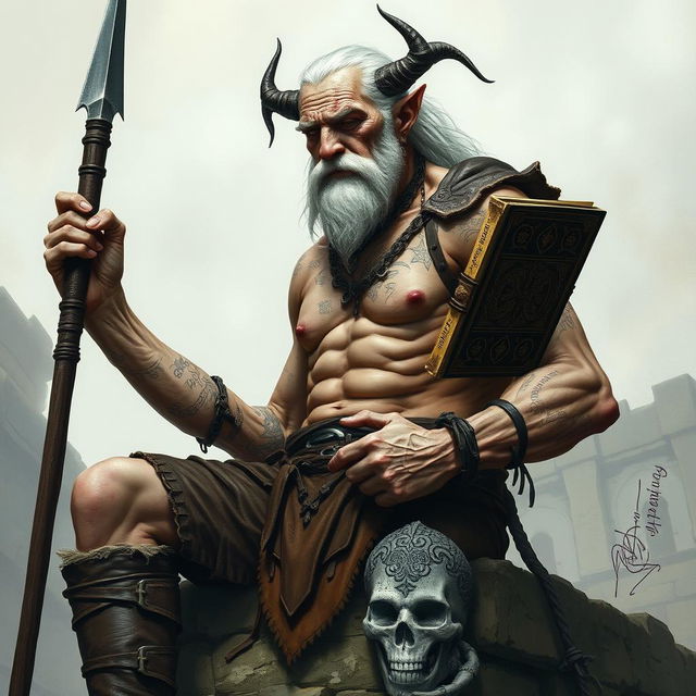 An old, tall warlock with cadaveric skin, shirtless and muscular, revealing many scars and tattoos on his body