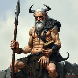 An old, tall warlock with cadaveric skin, shirtless and muscular, revealing many scars and tattoos on his body