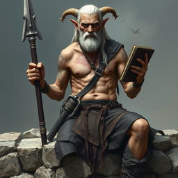 An old, tall warlock with cadaveric skin, shirtless and muscular, revealing many scars and tattoos on his body