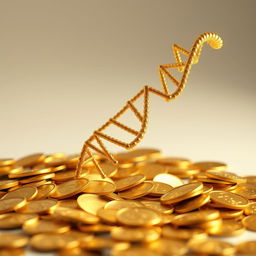 A captivating arrangement showcasing a gold DNA strand that flows gracefully among scattered gold coins