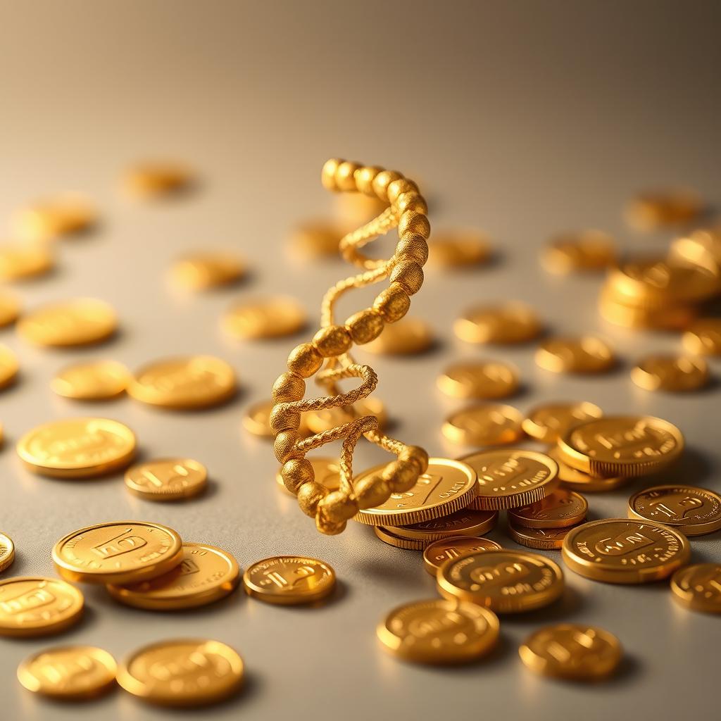 A captivating arrangement showcasing a gold DNA strand that flows gracefully among scattered gold coins