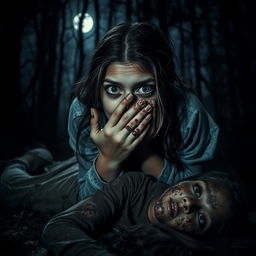 A haunting scene in a dark forest at night, depicting a British-Pakistani teenage girl, visibly terrified and traumatized