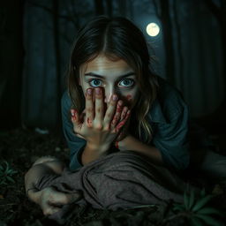 A haunting scene in a dark forest at night, depicting a British-Pakistani teenage girl, visibly terrified and traumatized