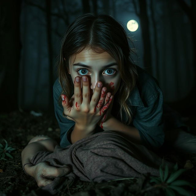 A haunting scene in a dark forest at night, depicting a British-Pakistani teenage girl, visibly terrified and traumatized