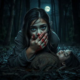 A haunting scene in a dark forest at night, depicting a British-Pakistani teenage girl, visibly terrified and traumatized