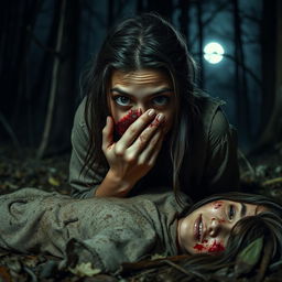 A haunting scene in a dark forest at night, depicting a British-Pakistani teenage girl, visibly terrified and traumatized