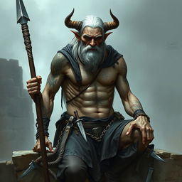 An old, tall warlock with cadaveric skin, shirtless, displaying a muscular physique adorned with various scars and tattoos