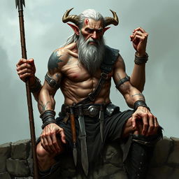 An old, tall warlock with cadaveric skin, shirtless, displaying a muscular physique adorned with various scars and tattoos