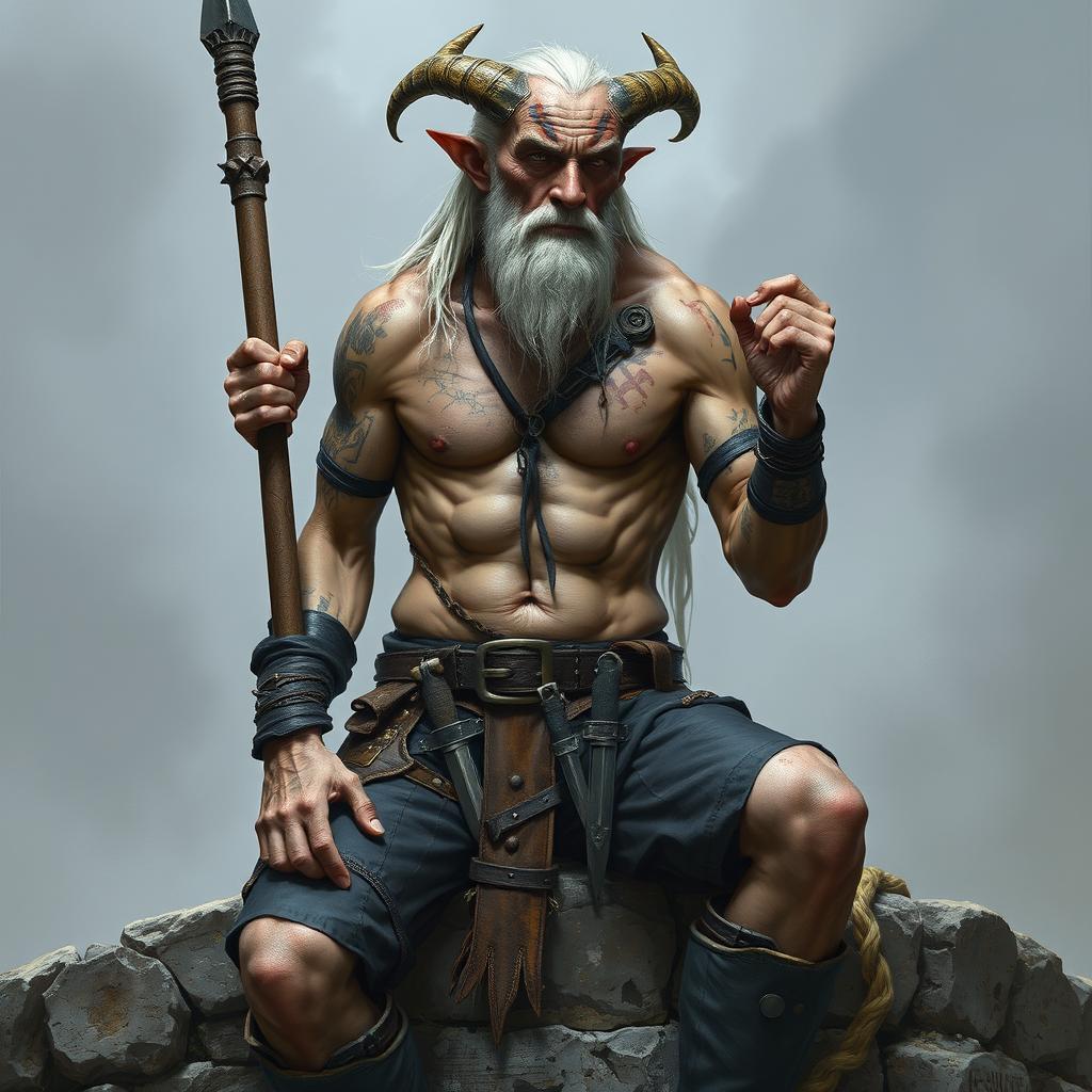 An old, tall warlock with cadaveric skin, shirtless, displaying a muscular physique adorned with various scars and tattoos