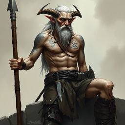 An old, tall warlock with cadaveric skin, shirtless, displaying a muscular physique adorned with various scars and tattoos