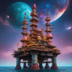 A vibrant atompunk oil rig, decorated with atomic symbols, empennated rockets, and mid-century futuristic domes, set against a backdrop of an iridescent, atomic-age sea under a sky of swirling galaxies.