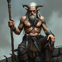 An old, tall warlock with cadaveric skin, shirtless, exhibiting a muscular frame with numerous scars and tattoos