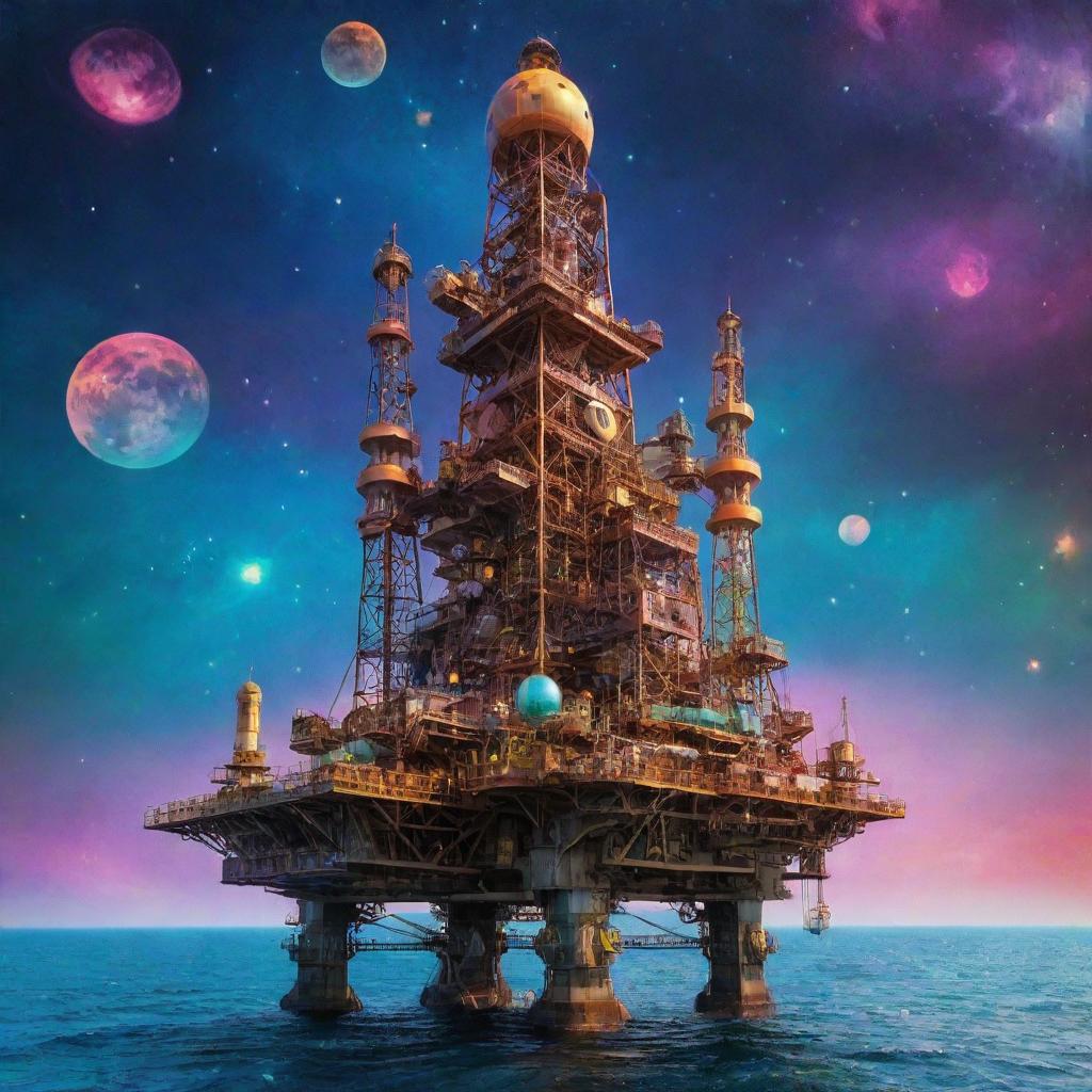 A vibrant atompunk oil rig, decorated with atomic symbols, empennated rockets, and mid-century futuristic domes, set against a backdrop of an iridescent, atomic-age sea under a sky of swirling galaxies.