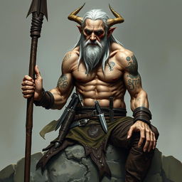 An old, tall warlock with cadaveric skin, shirtless, exhibiting a muscular frame with numerous scars and tattoos