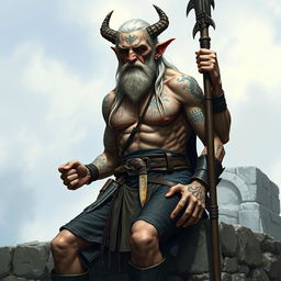 An old, tall warlock with cadaveric skin, shirtless, exhibiting a muscular frame with numerous scars and tattoos