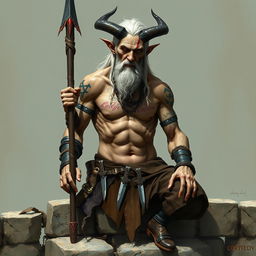 An old, tall warlock with cadaveric skin, shirtless, exhibiting a muscular frame with numerous scars and tattoos