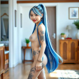 A beautiful young Chinese girl with long blue and white hair styled in a ponytail, displaying a playful and charming expression