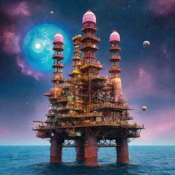 A vibrant atompunk oil rig, decorated with atomic symbols, empennated rockets, and mid-century futuristic domes, set against a backdrop of an iridescent, atomic-age sea under a sky of swirling galaxies.