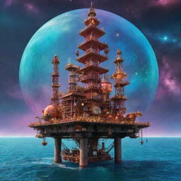 A vibrant atompunk oil rig, decorated with atomic symbols, empennated rockets, and mid-century futuristic domes, set against a backdrop of an iridescent, atomic-age sea under a sky of swirling galaxies.