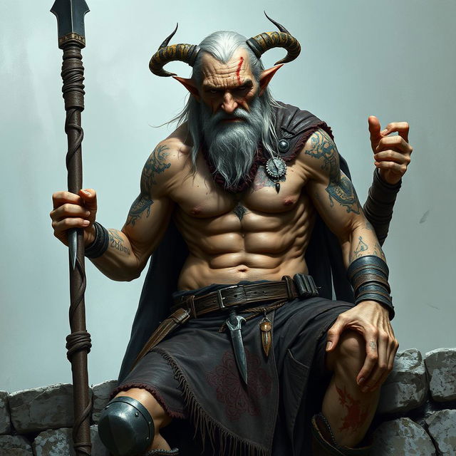 An old, tall warlock with cadaveric skin, shirtless, showcasing scars on his muscular frame and adorned with several tattoos