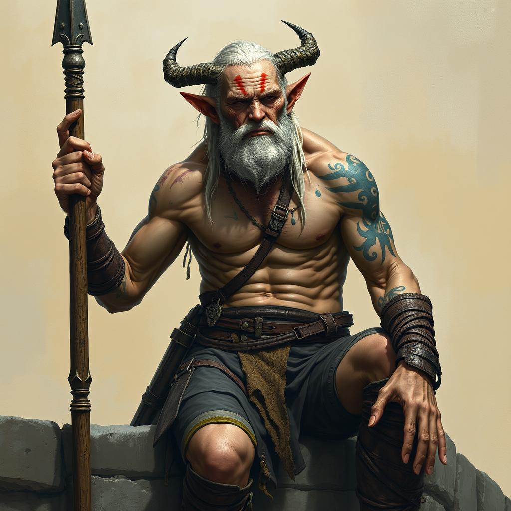 An old, tall warlock with cadaveric skin, shirtless, showcasing scars on his muscular frame and adorned with several tattoos