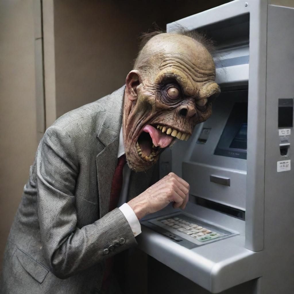 A bizarre spectacle of a grotesque, fantastical monster greedily chowing down on an Automated Teller Machine (ATM), perhaps symbolically representing the insatiable hunger for wealth or the monstrous side of capitalism.