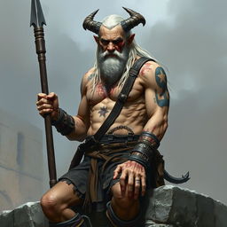 An old, tall warlock with cadaveric skin, shirtless, showcasing scars on his muscular frame and adorned with several tattoos