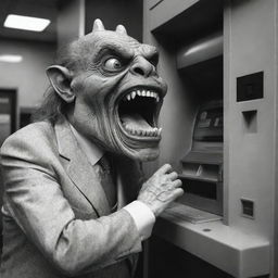 A bizarre spectacle of a grotesque, fantastical monster greedily chowing down on an Automated Teller Machine (ATM), perhaps symbolically representing the insatiable hunger for wealth or the monstrous side of capitalism.