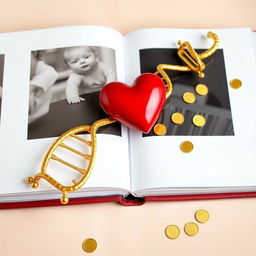 An enchanting family photo album layout featuring a golden DNA strand beautifully intertwined with a vibrant red heart and scattered gold coins