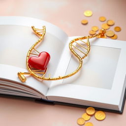 An enchanting family photo album layout featuring a golden DNA strand beautifully intertwined with a vibrant red heart and scattered gold coins