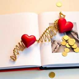 An enchanting family photo album layout featuring a golden DNA strand beautifully intertwined with a vibrant red heart and scattered gold coins