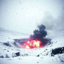 A catastrophic explosion site depicted in low-quality footage, showcasing a large burning crater producing rising huge black dust and purple flames in the heart of a snowy valley