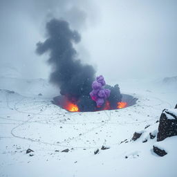 A catastrophic explosion site depicted in low-quality footage, showcasing a large burning crater producing rising huge black dust and purple flames in the heart of a snowy valley