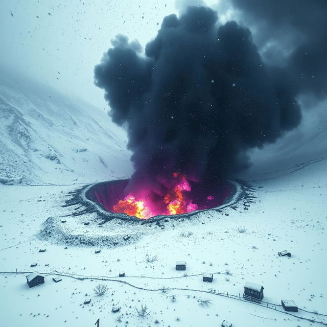 A catastrophic explosion site depicted in low-quality footage, showcasing a large burning crater producing rising huge black dust and purple flames in the heart of a snowy valley