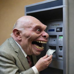 A bizarre spectacle of a grotesque, fantastical monster greedily chowing down on an Automated Teller Machine (ATM), perhaps symbolically representing the insatiable hunger for wealth or the monstrous side of capitalism.