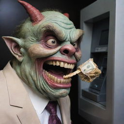 A bizarre spectacle of a grotesque, fantastical monster greedily chowing down on an Automated Teller Machine (ATM), perhaps symbolically representing the insatiable hunger for wealth or the monstrous side of capitalism.