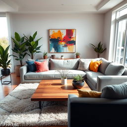 A beautifully decorated modern living room featuring a minimalist design, with a large sectional sofa in soft grey fabric, complemented by stylish throw pillows in various textures