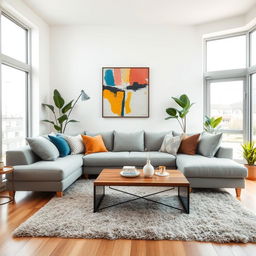 A beautifully decorated modern living room featuring a minimalist design, with a large sectional sofa in soft grey fabric, complemented by stylish throw pillows in various textures