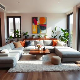 A beautifully decorated modern living room featuring a minimalist design, with a large sectional sofa in soft grey fabric, complemented by stylish throw pillows in various textures